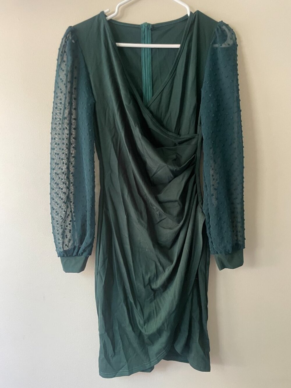 Deep Teal Ruched Midi Dress with Sheer Swiss Dot Sleeves